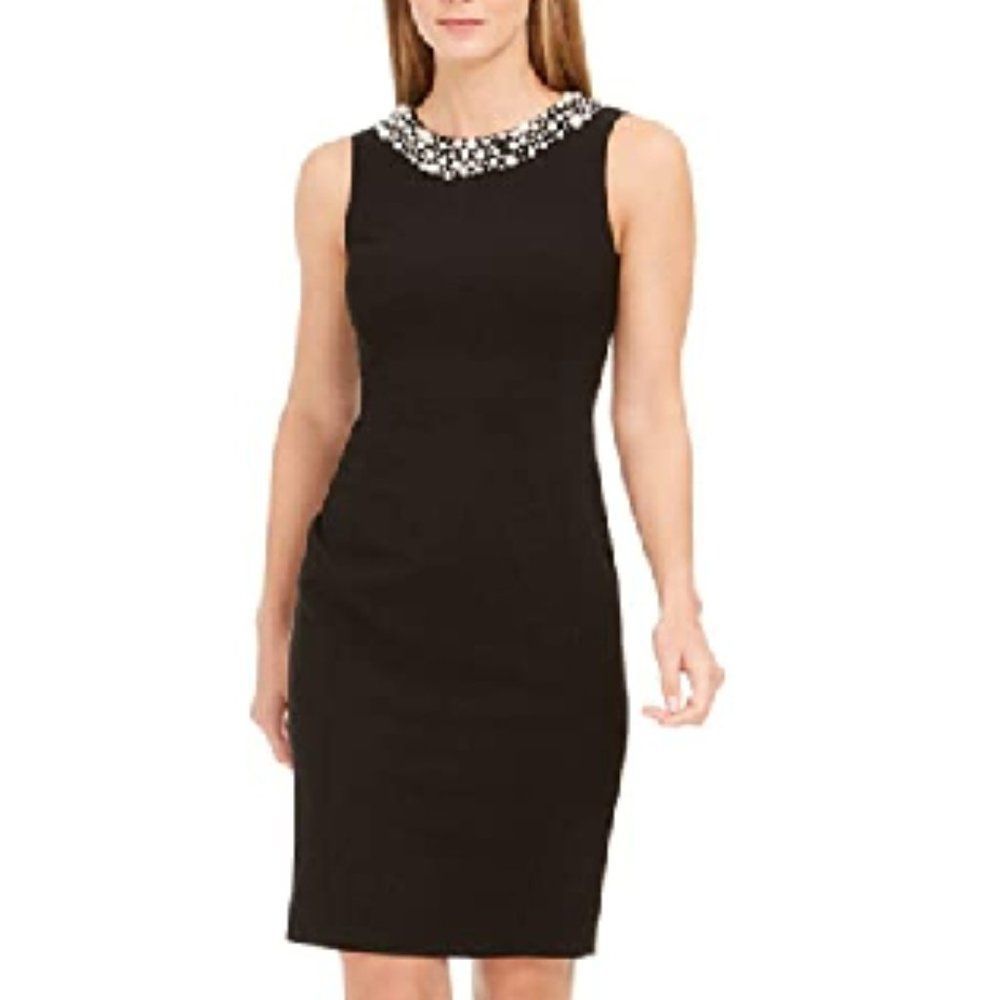 𝅺CALVIN Klein Women's Petite Sheath Sleeveless Dress with Pearl Neck